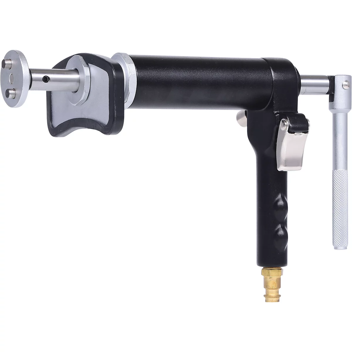 Schwarzes Metallwerkzeug mit Griff und Messwerkzeug.